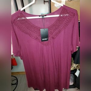 Women's Short Sleeve Lace Trim Top - Plum
